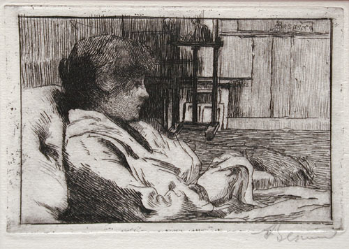 Albert Besnard print: La lecture dans l'atelier. Etching.