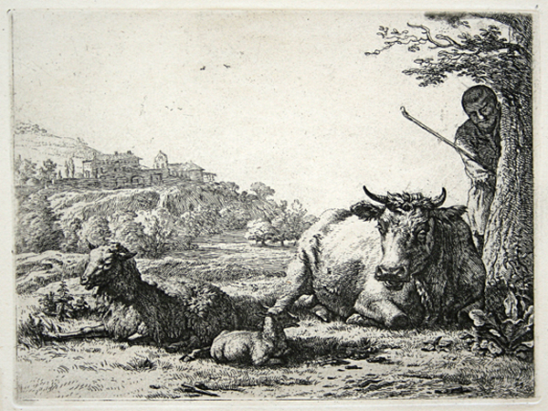 Karel Dujardin etching: The schepherd behind the tree.