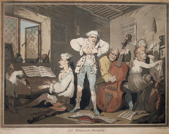An Italian Family. Hand-colored etching and aquatint by Samuel Alken after watercolor by Thomas Rowlandson.