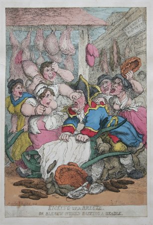Thomas Rowlandson hand-colored etching: Kicking up a Breeze or Barrow Women Basting a Beadle. 1814.