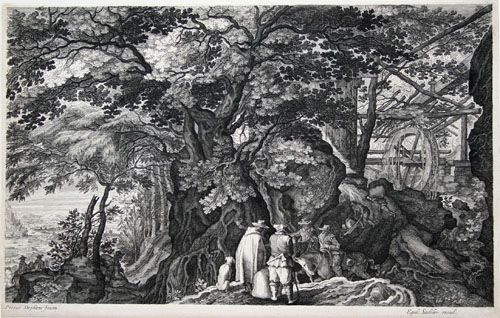 Aegidius Sadeler engraving after P. Stevens: Rock with Trees in Center, a Riverscape at Left.